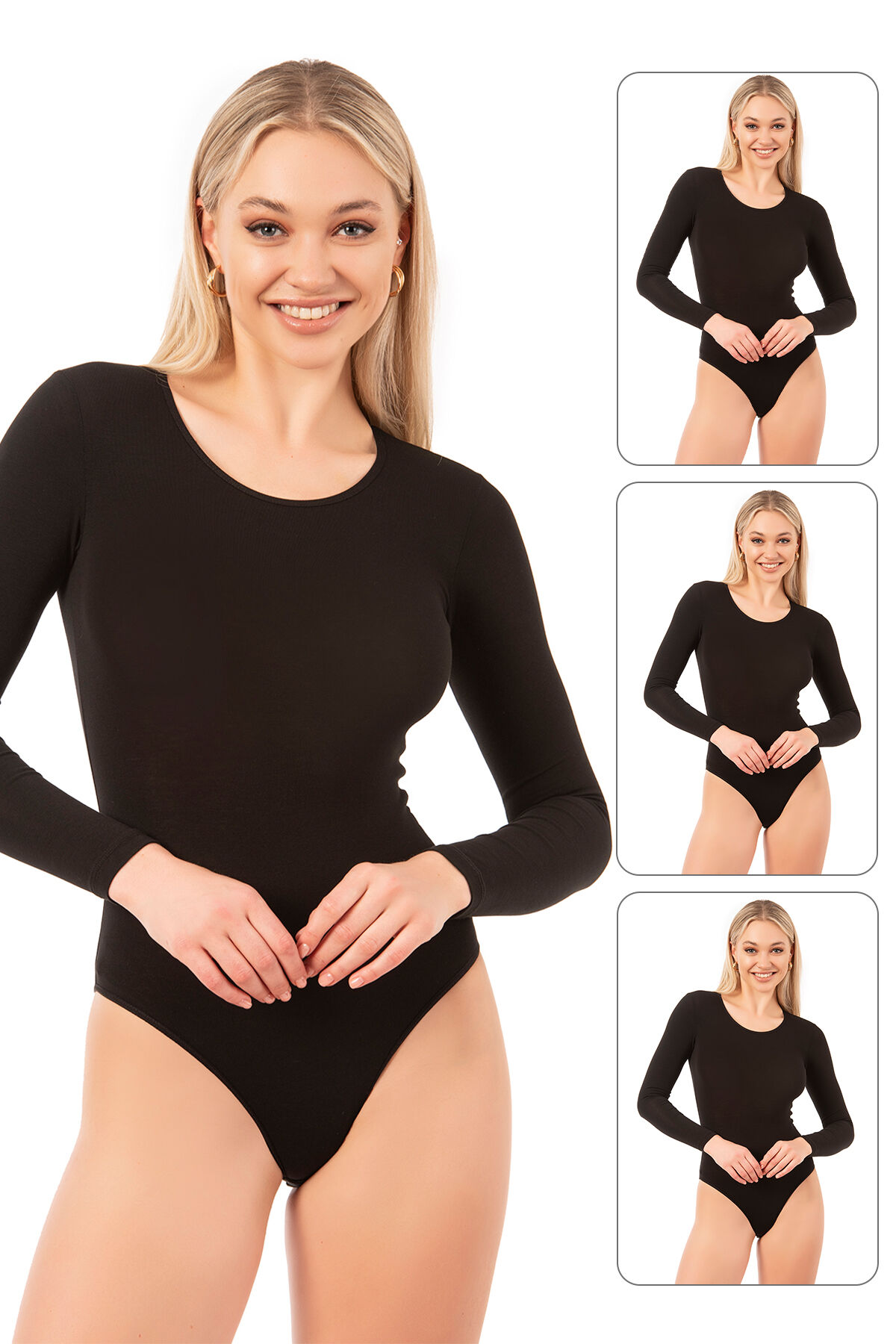 Özkan 0600 3'lü Paket Kadın Pamuklu Likralı Süprem Uzun Kollu Yuvarlak Yaka Kancalı Çıtçıtlı Örme Body