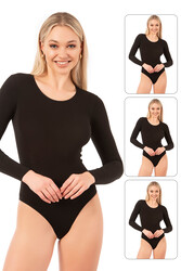 Özkan 0600 3'lü Paket Kadın Pamuklu Likralı Süprem Uzun Kollu Yuvarlak Yaka Kancalı Çıtçıtlı Örme Body - Thumbnail