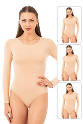 Özkan 0600 3'lü Paket Kadın Pamuklu Likralı Süprem Uzun Kollu Yuvarlak Yaka Kancalı Çıtçıtlı Örme Body - Thumbnail