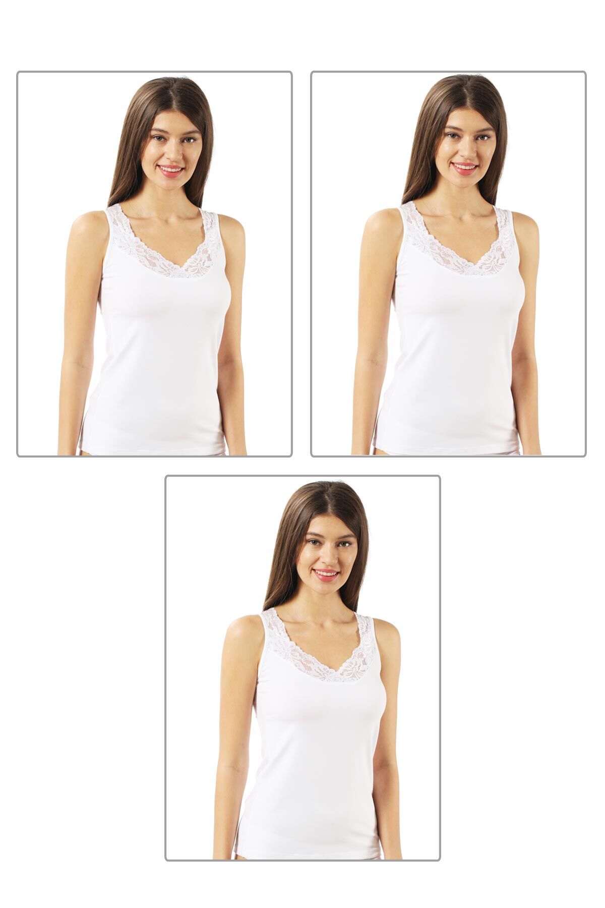 Özkan 0181 3'lü Paket Kadın Pamuklu Likralı Süprem Kumaş Yakası Dantelli Esnek Rahat Kalın Askılı Atlet