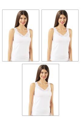 Özkan Underwear - Özkan 0181 3'lü Paket Kadın Pamuklu Likralı Süprem Kumaş Yakası Dantelli Esnek Rahat Kalın Askılı Atlet