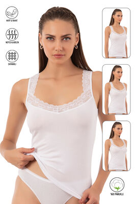 Özkan Underwear - Özkan 0181 3'lü Paket %95 Pamuklu Likralı Süprem Kumaş Yakası Dantelli Esnek Rahat Kalın Askılı Atlet