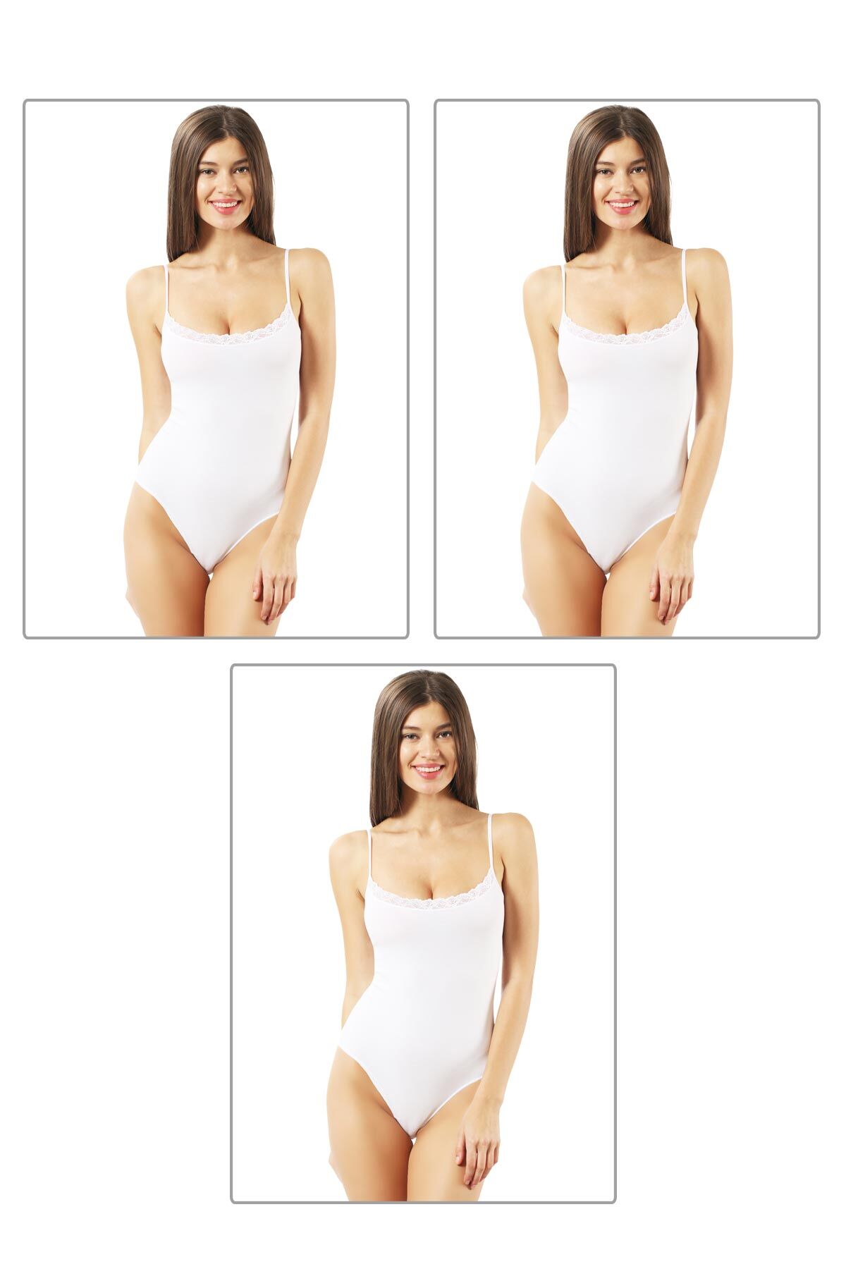 Özkan 0568 3'lü Paket Kadın Pamuklu Esnek Rahat Dantel Detaylı İp Askılı Çıtçıtlı Body Zıbın