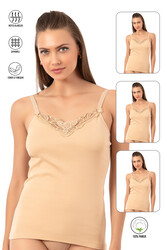 Özkan 0110 3'lü Paket Kadın Ribana %100 Pamuklu Güpürlü Esnek Rahat Ince Askılı Atlet - Thumbnail