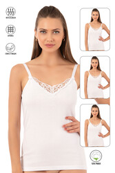 Özkan 0110 3'lü Paket Kadın Ribana %100 Pamuklu Güpürlü Esnek Rahat Ince Askılı Atlet - Thumbnail