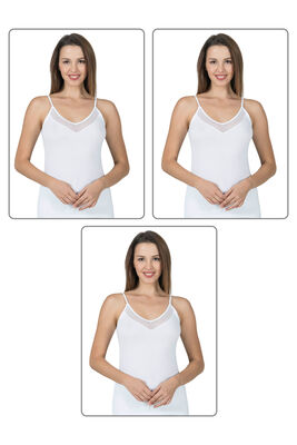 Özkan Underwear - Özkan 22813 3'lü Paket Kadın Pamuklu Modal Tül Detaylı İnce Askılı Atlet