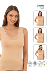 Özkan 22848 3'lü Paket Kadın Modal Pamuklu Kalın Askılı V Yaka Tül Detaylı Atlet - Thumbnail