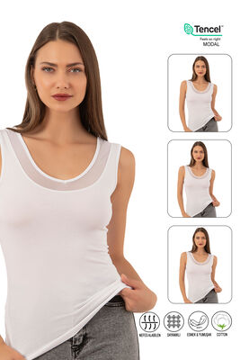 Özkan Underwear - Özkan 22848 3'lü Paket Kadın Modal Pamuklu Kalın Askılı V Yaka Tül Detaylı Atlet
