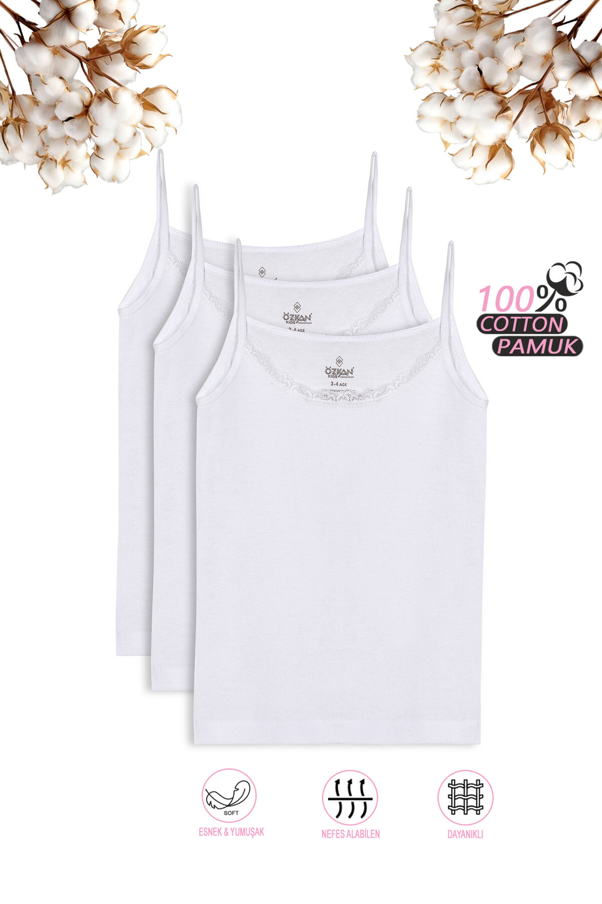 Özkan 0806 3'lü Paket Kız Çocuk %100 Pamuklu Ribana Esnek Rahat Yakası Dantelli İp Askılı Atlet