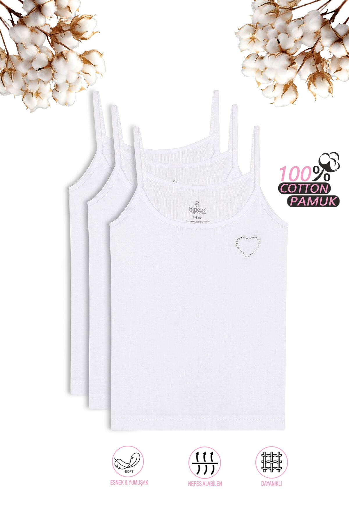 Özkan 0817 3'lü Paket Kız Çocuk %100 Pamuklu Ribana Esnek Rahat Önü Taşlı İp Askılı Atlet