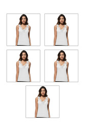 Özkan 2001 5'li Paket Kadın Pamuklu Ribana Dantelli Güpürlü Manolya Atlet - Thumbnail