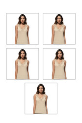 Özkan 2001 5'li Paket Kadın Pamuklu Ribana Dantelli Güpürlü Manolya Atlet - Thumbnail