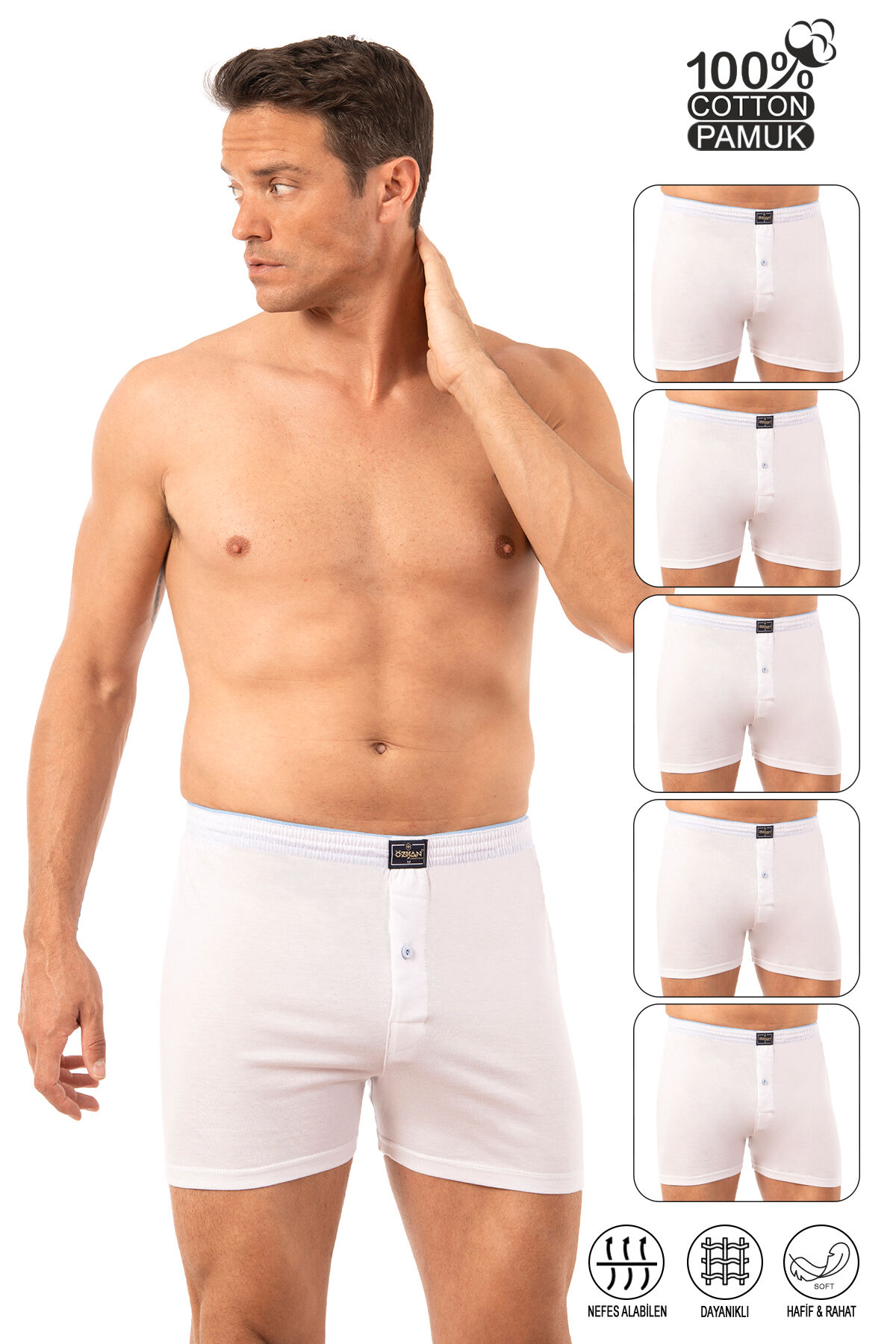 Özkan 0041 5'li Paket Erkek %100 Pamuklu Şardonlu Klasik Rahat Kesim Havlu Bel Süprem Penye Boxer
