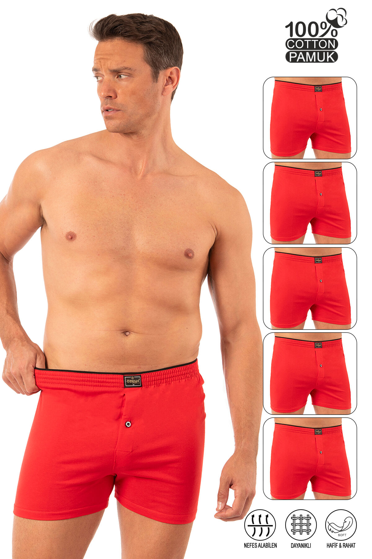 Özkan 0041 5'li Paket Erkek %100 Pamuklu Şardonlu Klasik Rahat Kesim Havlu Bel Süprem Penye Boxer