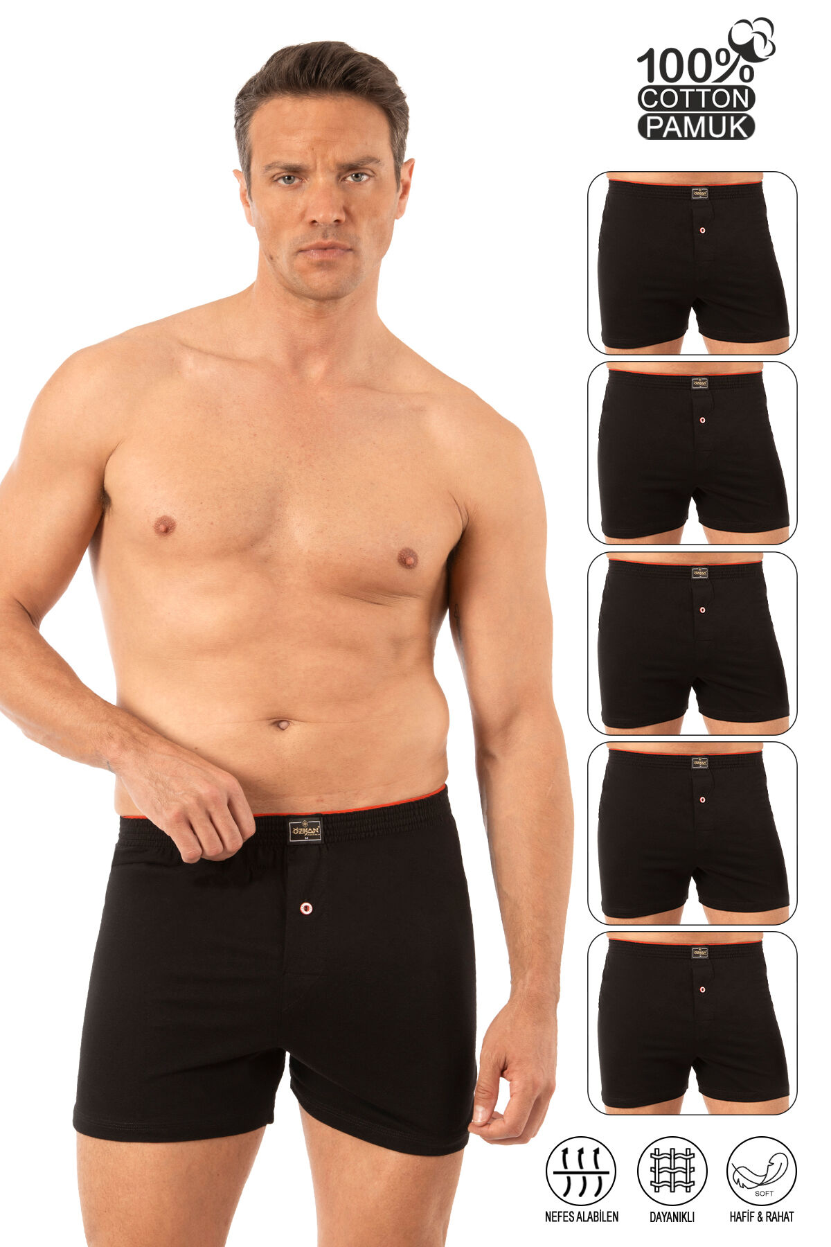 Özkan 0041 5'li Paket Erkek %100 Pamuklu Şardonlu Klasik Rahat Kesim Havlu Bel Süprem Penye Boxer