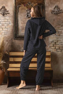 Özkan Underwear - Ercan P-200-381 Kadın Siyah Kalp Desenli İki İplik Kapüşonlu Uzun Kollu Pijama Takımı (1)