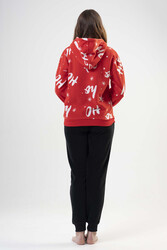 Kompedan 203033 Kadın Kırmızı Polar Kapüşonlu Yakası Fermuarlı Düşük Omuzlu Eşofman Pijama Takımı - Thumbnail