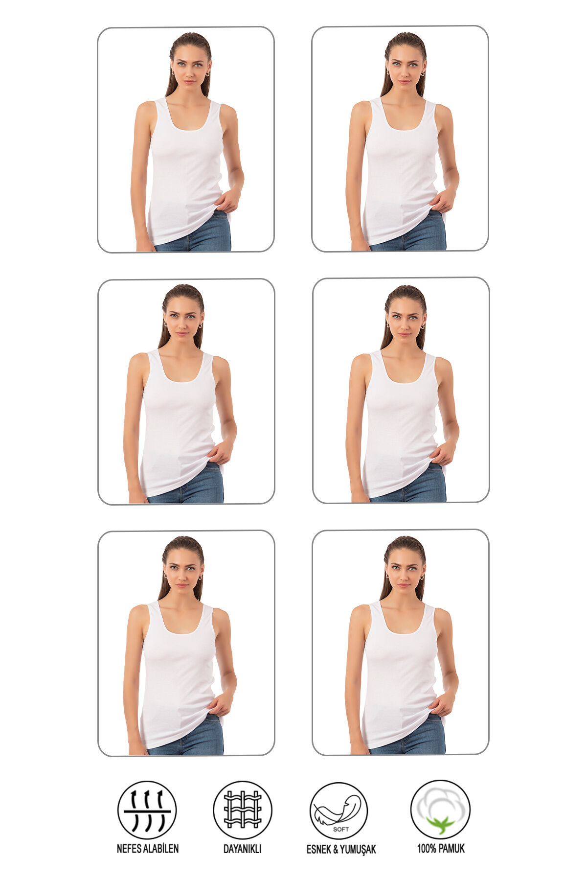 Özkan 0111 6'lı Paket Kadın %100 Pamuklu Ribana Esnek Rahat Biyeli Kalın Askılı Örme Atlet