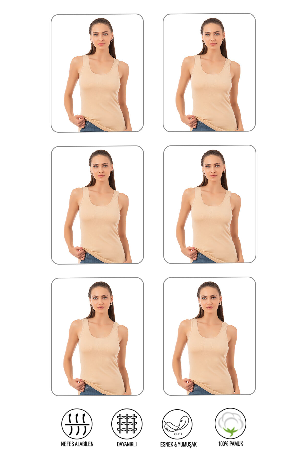 Özkan 0111 6'lı Paket Kadın %100 Pamuklu Ribana Esnek Rahat Biyeli Kalın Askılı Örme Atlet