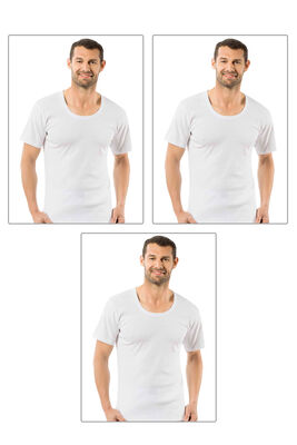 Özkan Underwear - Özkan 0115 3'lü Paket Erkek %100 Pamuk Ribana Kumaş Esnek Rahat Geniş Yaka Kısa Kollu Fanila Atlet