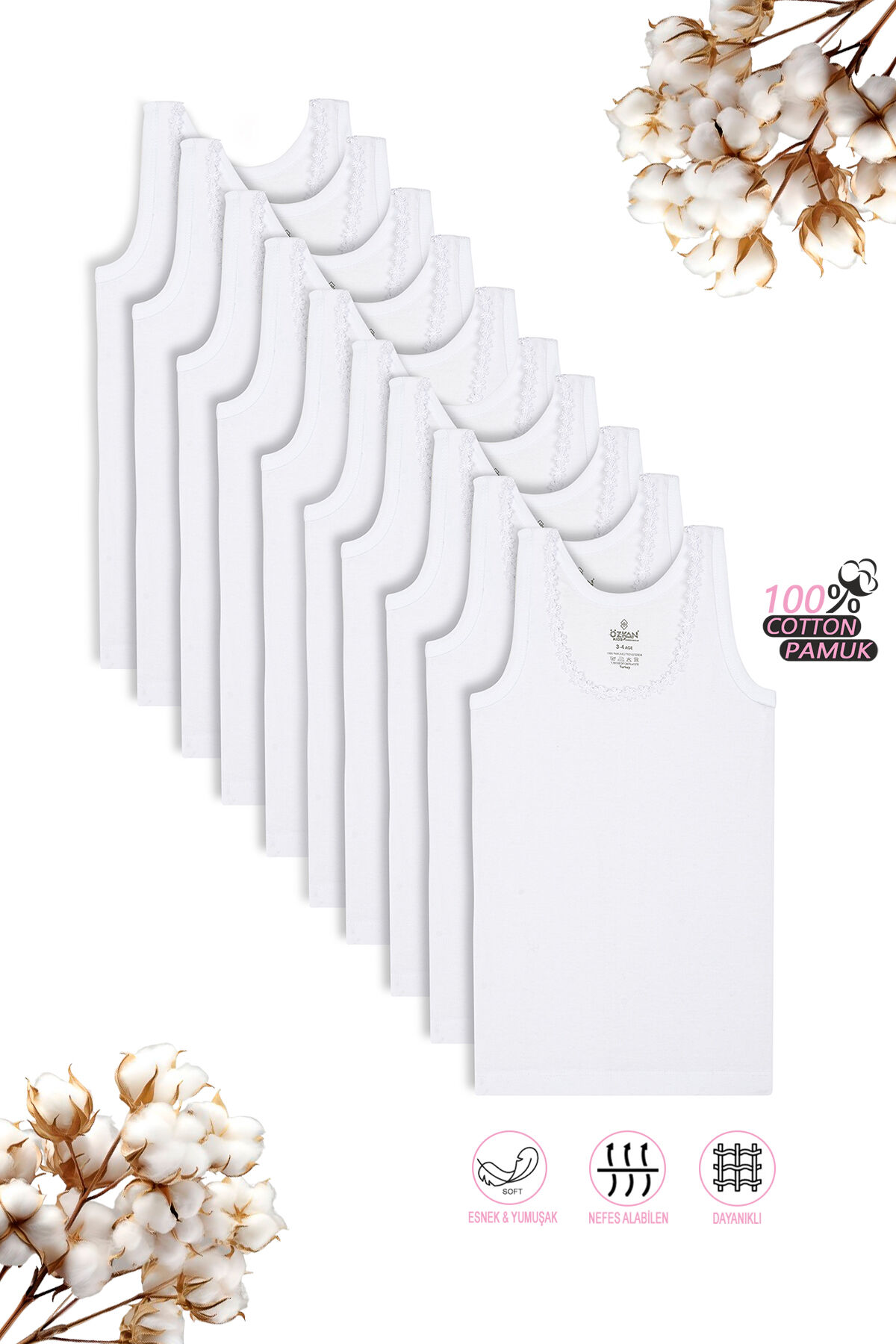 Özkan 0800 10'lu Paket Kız Çocuk Ribana %100 Pamuklu Esnek Rahat Kalın Askılı Yakası Brode Papatya Detaylı Atlet