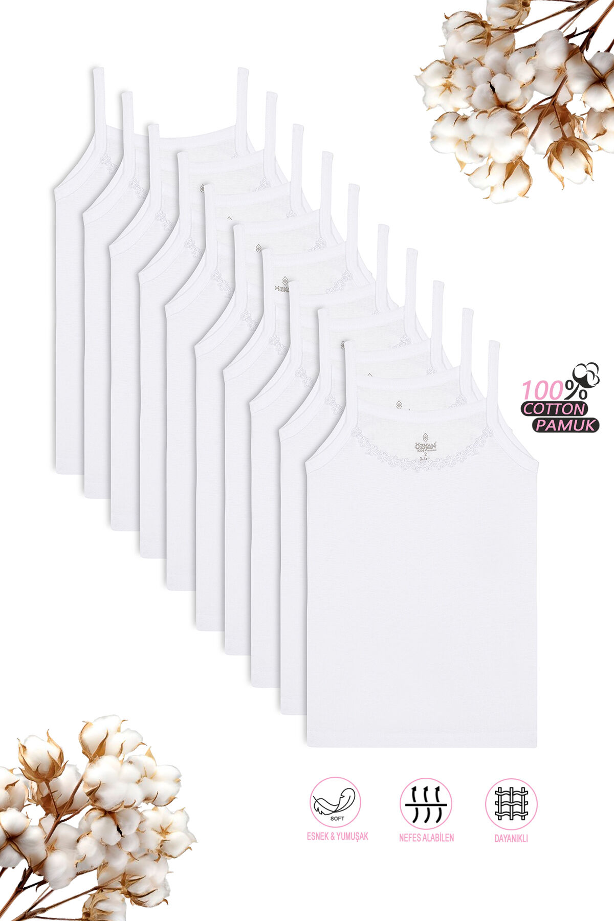 Özkan 0805 10'lu Paket Kız Çocuk %100 Pamuklu Ribana Esnek Rahat Yakası Brode Papatya Detaylı İp Askılı Atlet