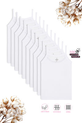 Özkan Underwear - Özkan 0805 10'lu Paket Kız Çocuk %100 Pamuklu Ribana Esnek Rahat Yakası Brode Papatya Detaylı İp Askılı Atlet