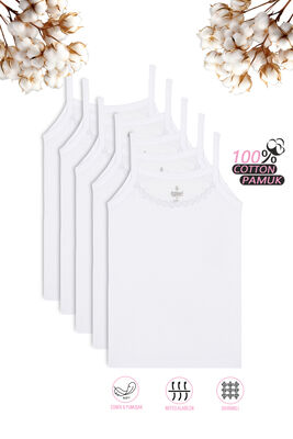Özkan Underwear - Özkan 0805 5'li Paket Kız Çocuk Ribana %100 Pamuklu Esnek Rahat İp Askılı Yakası Brode Papatya Detaylı Atlet