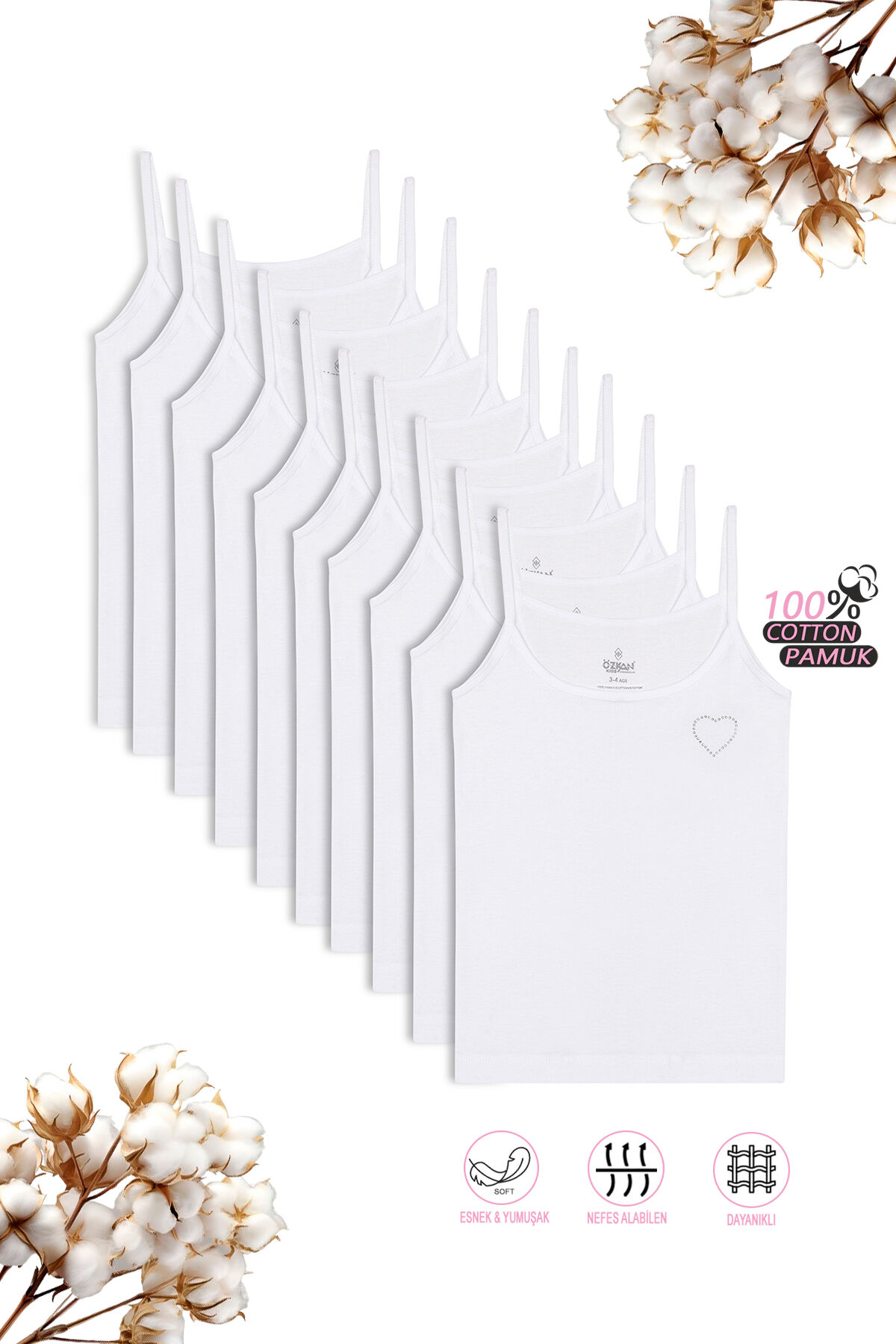 Özkan 0817 10'lu Paket Kız Çocuk %100 Pamuklu Ribana Esnek Rahat Önü Taşlı Ip Askılı Atlet