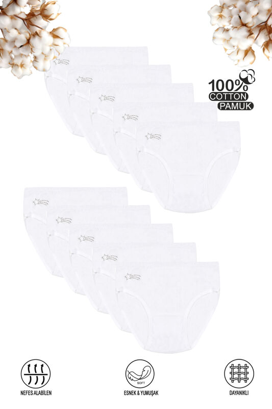 Özkan 0840 10'lu Paket Kız Çocuk %100 Pamuklu Ribana Esnek Rahat Taş Detaylı Slip Külot - 1
