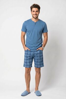 Özkan Underwear - Özkan 1000-4-5 Erkek %100 Pamuklu Süprem Önü Patlı Kısa Kollu Şortlu Ekoseli Cepli Pijama Takımı (1)