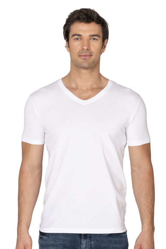 Özkan 10273 Erkek %95 Pamuklu Likralı Esnek Rahat V Yaka Kısa Kollu T-Shirt Atlet Fanila - 1