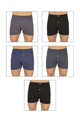 Özkan Underwear - Özkan 11112 5'li Paket Erkek %100 Pamuklu Havlu Bel Esnek Yumuşak Düğmeli Desenli Penye Boxer Şort Külot
