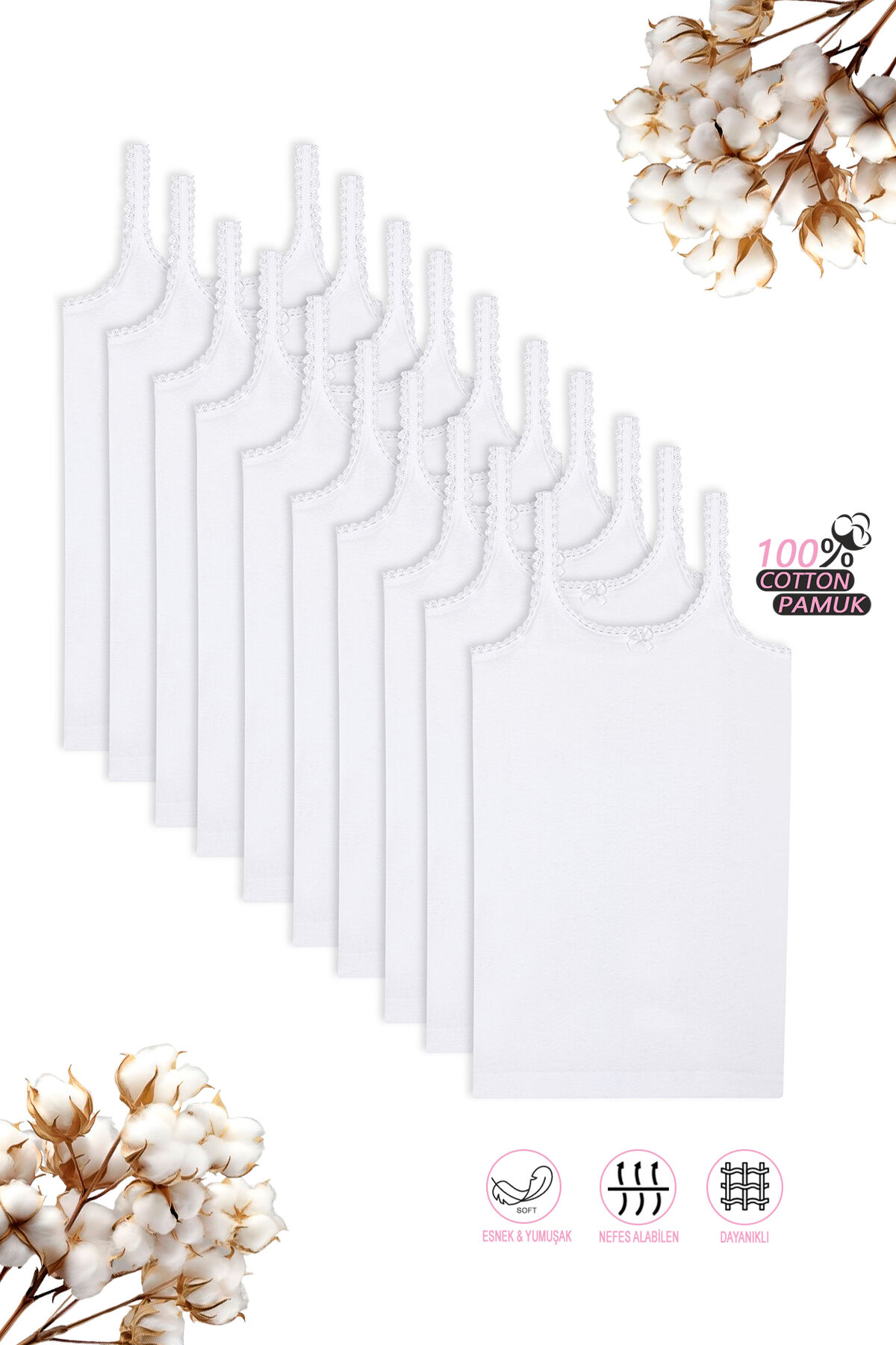 Özkan 1610 10'lu Paket Kız Çocuk %100 Pamuklu Ribana Yakası Dantel Detaylı Esnek Rahat İnce Askılı Örme Atlet