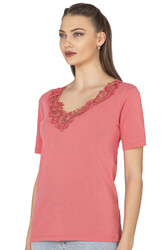 Özkan 2005 Kadın %100 Pamuklu Esnek Rahat Dantelli Güpürlü V Yaka Kısa Kollu Manolya Atlet Fanila - Thumbnail