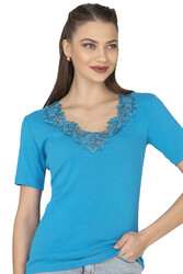 Özkan 2005 Kadın %100 Pamuklu Esnek Rahat Dantelli Güpürlü V Yaka Kısa Kollu Manolya Atlet Fanila - Thumbnail