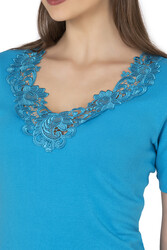 Özkan 2005 Kadın %100 Pamuklu Esnek Rahat Dantelli Güpürlü V Yaka Kısa Kollu Manolya Atlet Fanila - Thumbnail