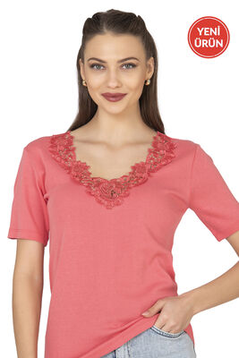 Özkan Underwear - Özkan 2005 Kadın %100 Pamuklu Esnek Rahat Dantelli Güpürlü V Yaka Kısa Kollu Manolya Atlet Fanila