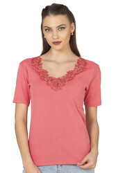 Özkan 2005 Kadın %100 Pamuklu Esnek Rahat Dantelli Güpürlü V Yaka Kısa Kollu Manolya Atlet Fanila - Thumbnail