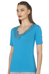 Özkan 2005 Kadın %100 Pamuklu Esnek Rahat Dantelli Güpürlü V Yaka Kısa Kollu Manolya Atlet Fanila - Thumbnail