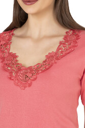 Özkan 2005 Kadın %100 Pamuklu Esnek Rahat Dantelli Güpürlü V Yaka Kısa Kollu Manolya Atlet Fanila - Thumbnail