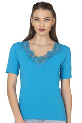 Özkan 2005 Kadın %100 Pamuklu Esnek Rahat Dantelli Güpürlü V Yaka Kısa Kollu Manolya Atlet Fanila - Thumbnail