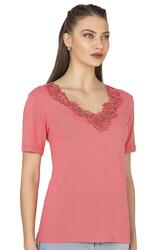 Özkan 2005 Kadın %100 Pamuklu Esnek Rahat Dantelli Güpürlü V Yaka Kısa Kollu Manolya Atlet Fanila - Thumbnail