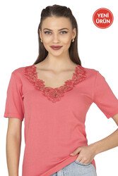 Özkan 2005 Kadın %100 Pamuklu Esnek Rahat Dantelli Güpürlü V Yaka Kısa Kollu Manolya Atlet Fanila - Thumbnail