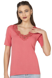 Özkan 2005 Kadın %100 Pamuklu Esnek Rahat Dantelli Güpürlü V Yaka Kısa Kollu Manolya Atlet Fanila - Thumbnail