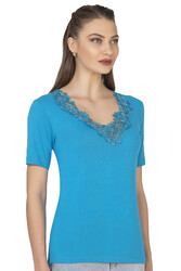 Özkan 2005 Kadın %100 Pamuklu Esnek Rahat Dantelli Güpürlü V Yaka Kısa Kollu Manolya Atlet Fanila - Thumbnail