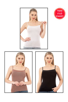 Özkan Underwear - Özkan 2041 3'lü Paket Kadın Viskon Karışık Renk Yakası Saten Detaylı Esnek Yumuşak İnce Askılı Atlet