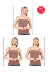 Özkan 2041 3'lü Paket Kadın Viskon Yakası Saten Detaylı Esnek Yumuşak İnce Askılı Atlet - Thumbnail