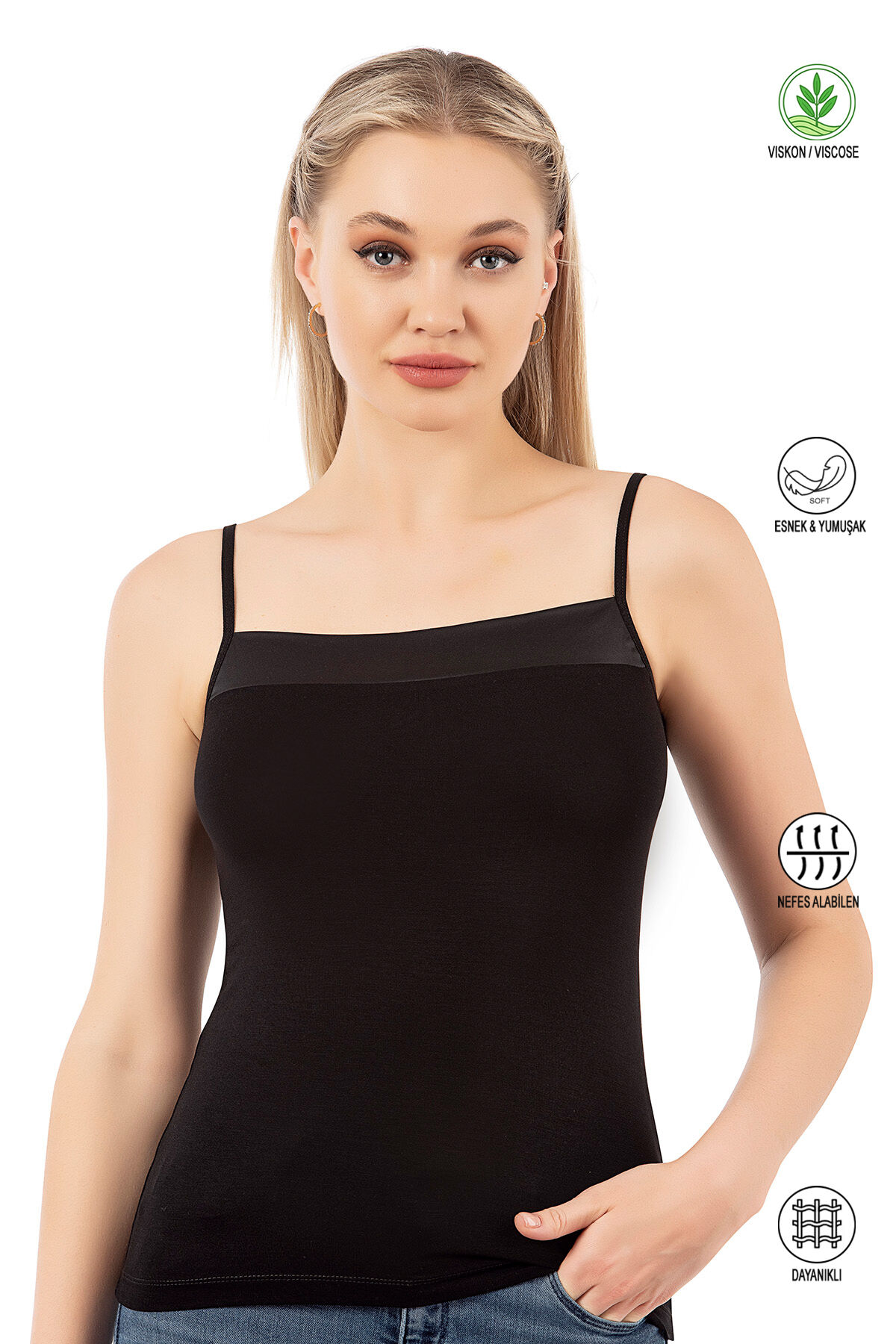 Özkan 2041 Kadın Premium Kumaş Viskon Yakası Saten Detaylı Esnek Yumuşak İnce Askılı Atlet