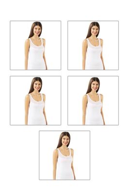 Özkan Underwear - Özkan 20575 5'li Paket Kadın Pamuklu Likralı Esnek Rahat Tül Detaylı Kalın Askılı Atlet